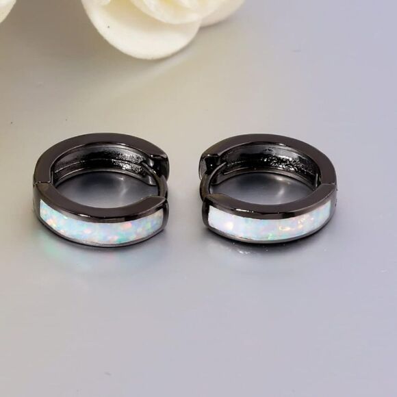 14K Black Gold with Genuine White Fire Opal Huggie Hoop Snap Hinge Earrings - Picture 3 of 5